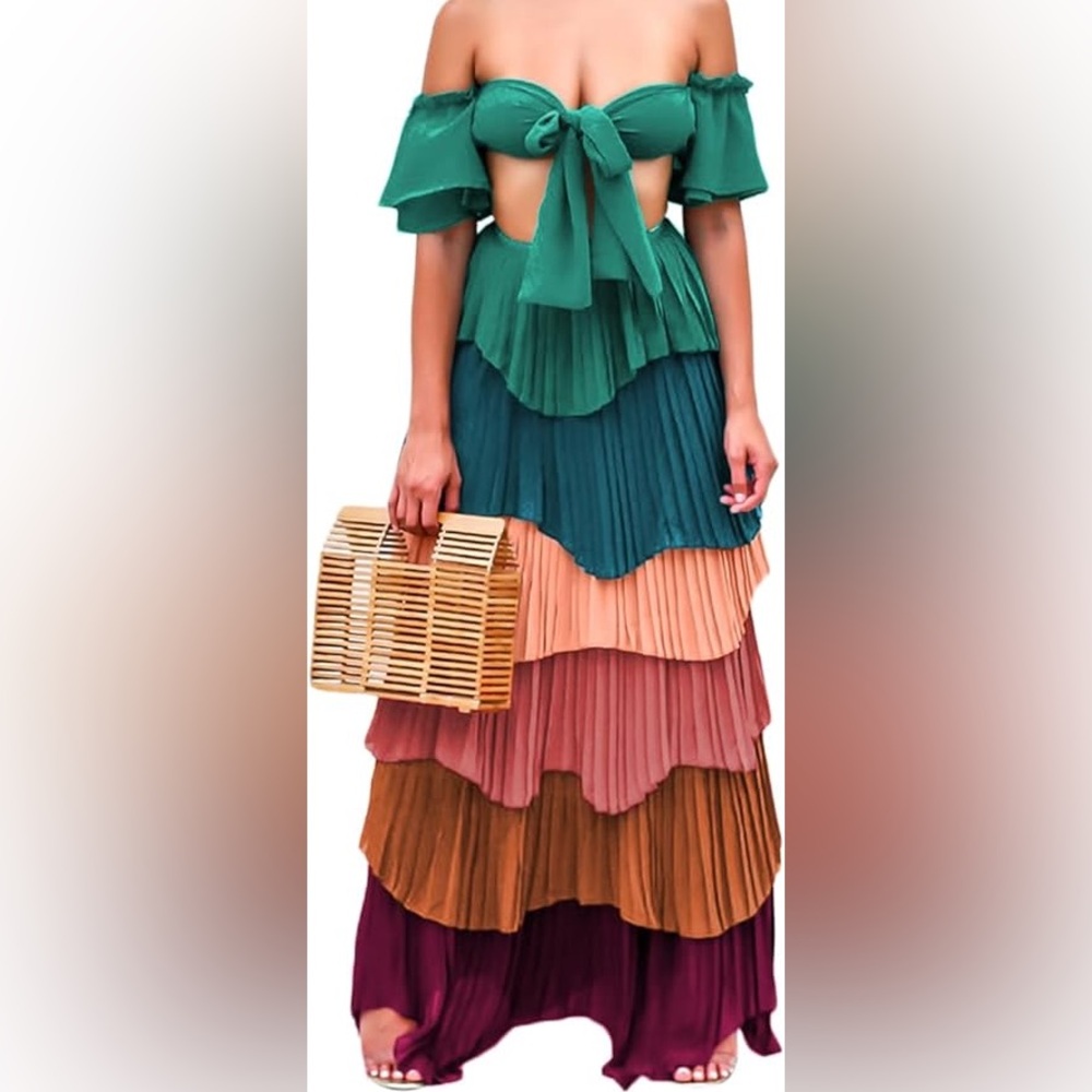 Multicolor Tiered Ruffle Maxi Skirt Set